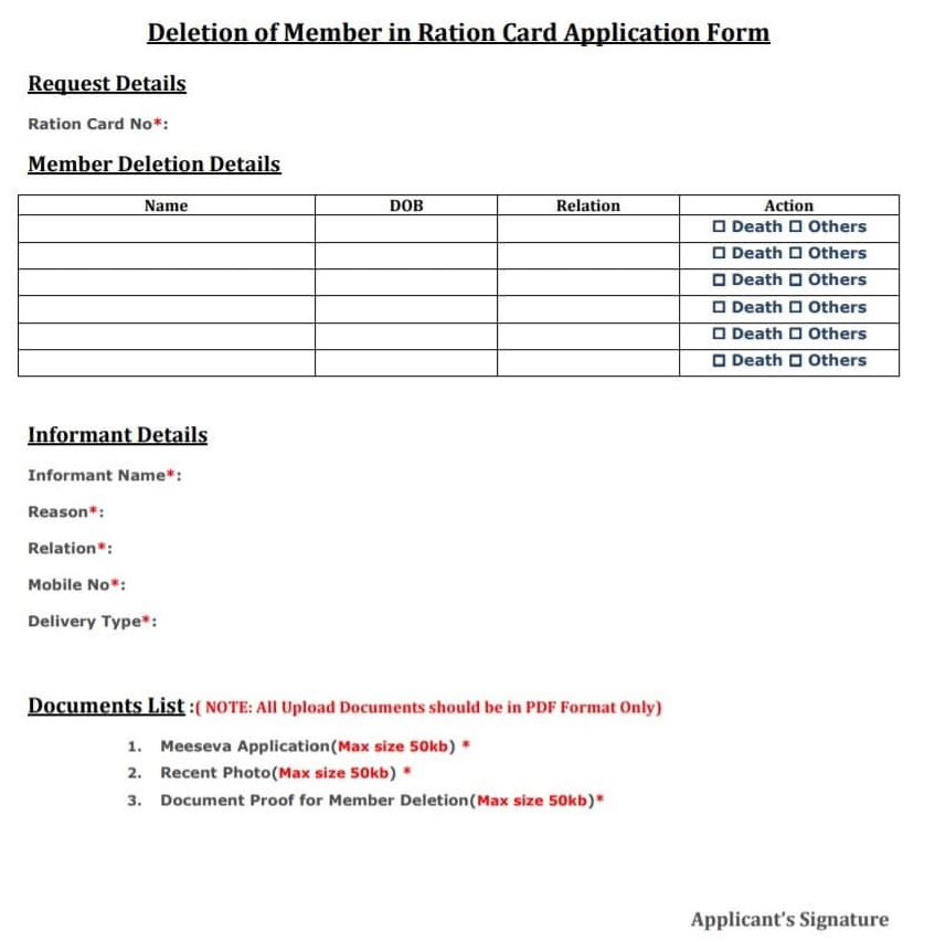 deletion of member in ration card application form