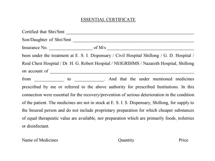 Meghalaya ESIS Essential Certificate Form 
